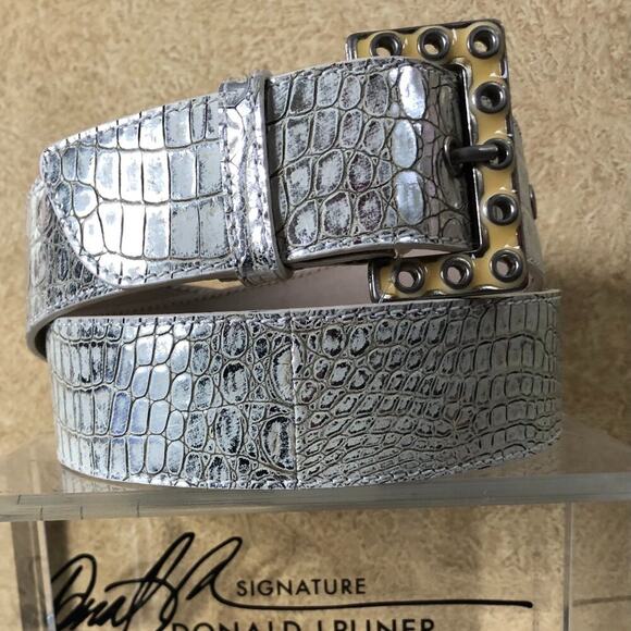 Donald Pliner Belt Ivory Croc Metallic Leather Metal Buckle New NWT $245 adjust main image 4
